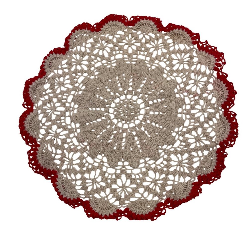 Handmade Crochet Doily Beige Center With Red Edging 11" Round Tabletop Decor - Picture 2 of 8